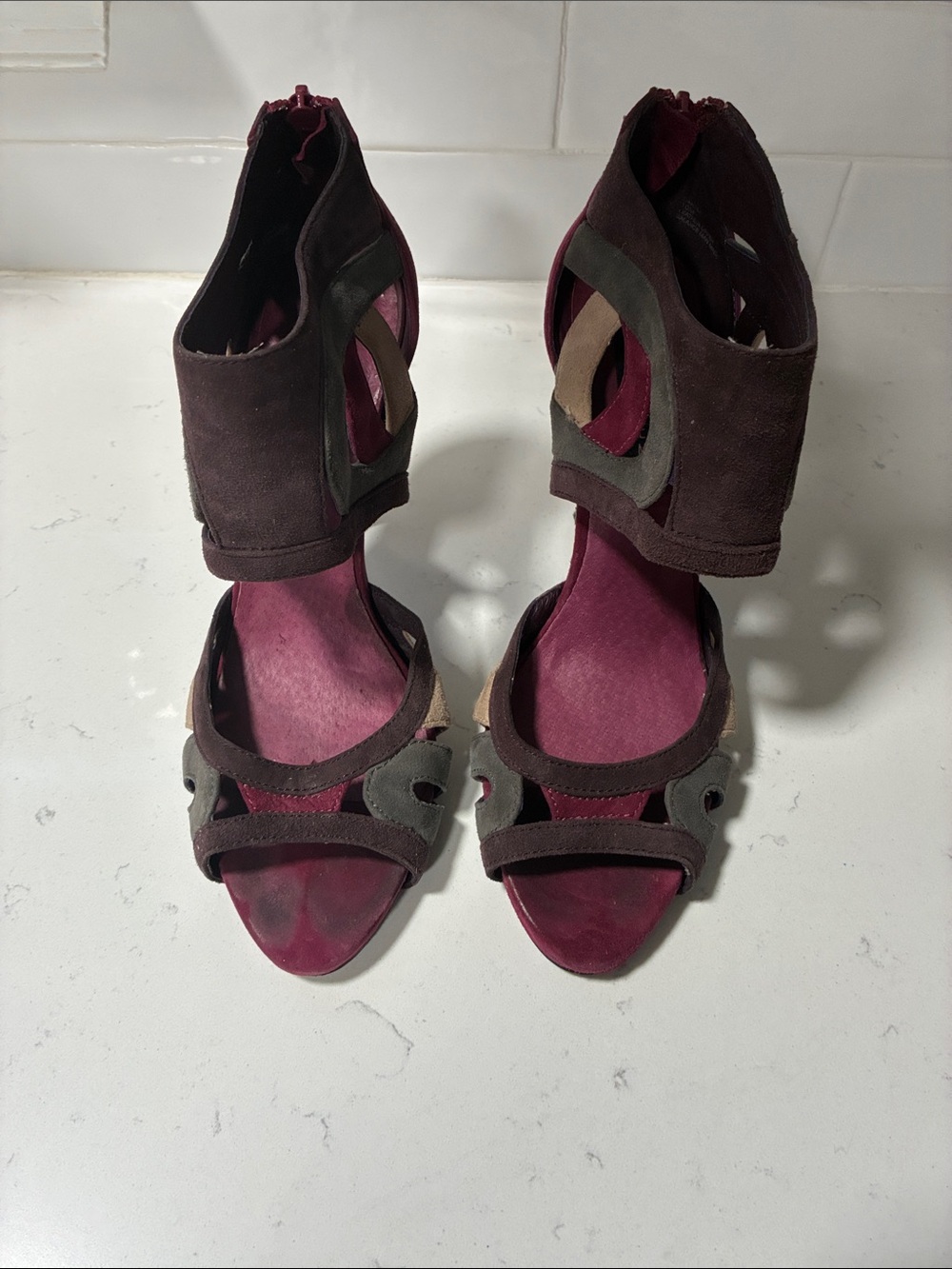 Steve Madden Burgundy Suede Cutout Ankle-Heel Sandals